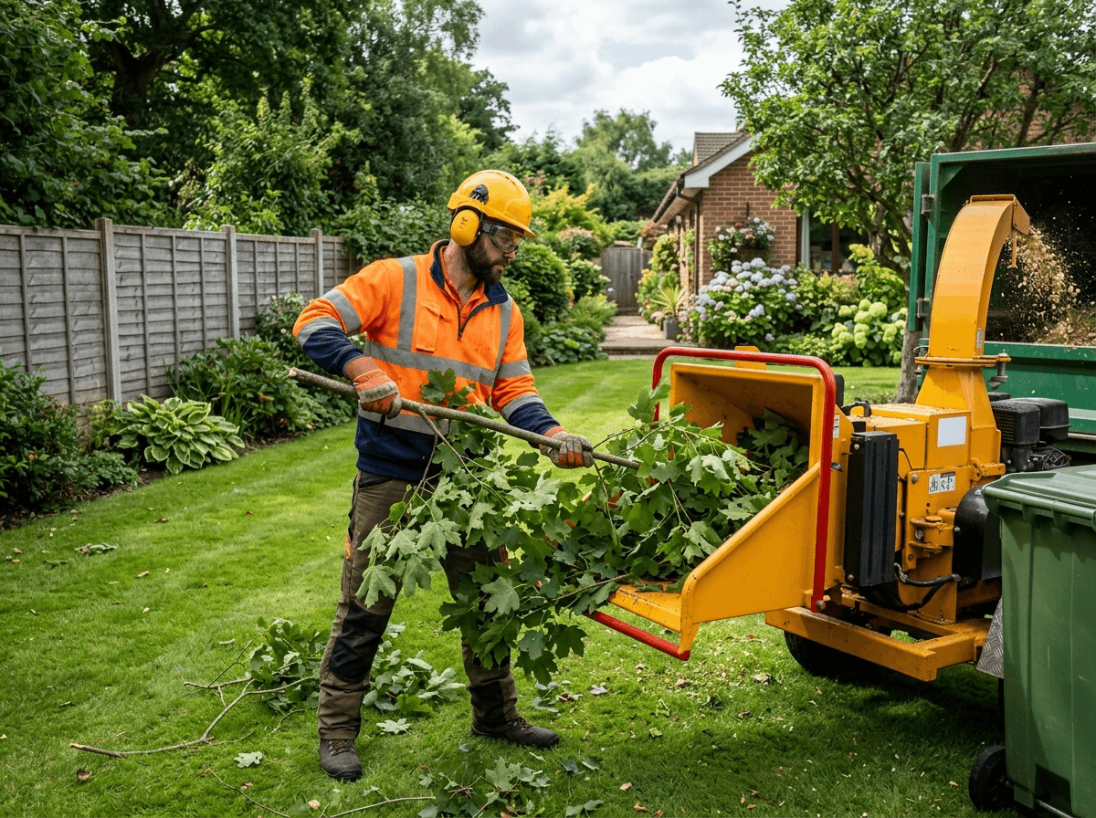 Tree surgeon clearing branches and brash through a wood chipper