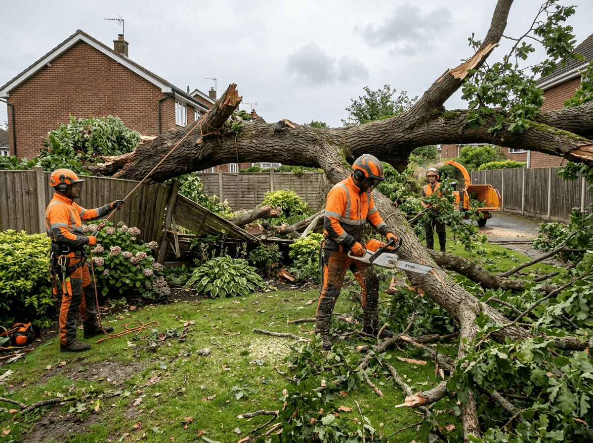 Tree surgery team making safe a storm-damaged fallen tree